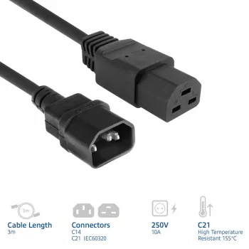 Virtakaapeli ACT C14–C21 IEC60320 musta 3 m, 250 V 10 A