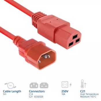 Virtakaapeli ACT C14–C21 IEC60320 punainen 3 m, 250 V 10 A