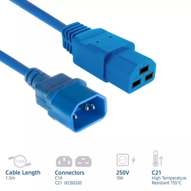 Virtakaapeli ACT C14–C21 IEC60320 sininen 1,5 m, 250 V 10 A