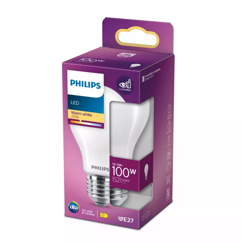 Philips LED-filamenttilamppu A60 E27 10,5W (vastaa 100W), 1521 lm, 2700K, himmeä, 15 000 h