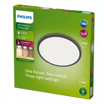 Philips Superslim kattovalaisin 15W, musta, metalli, muovi, IP54, terassi, puutarha, II, moderni