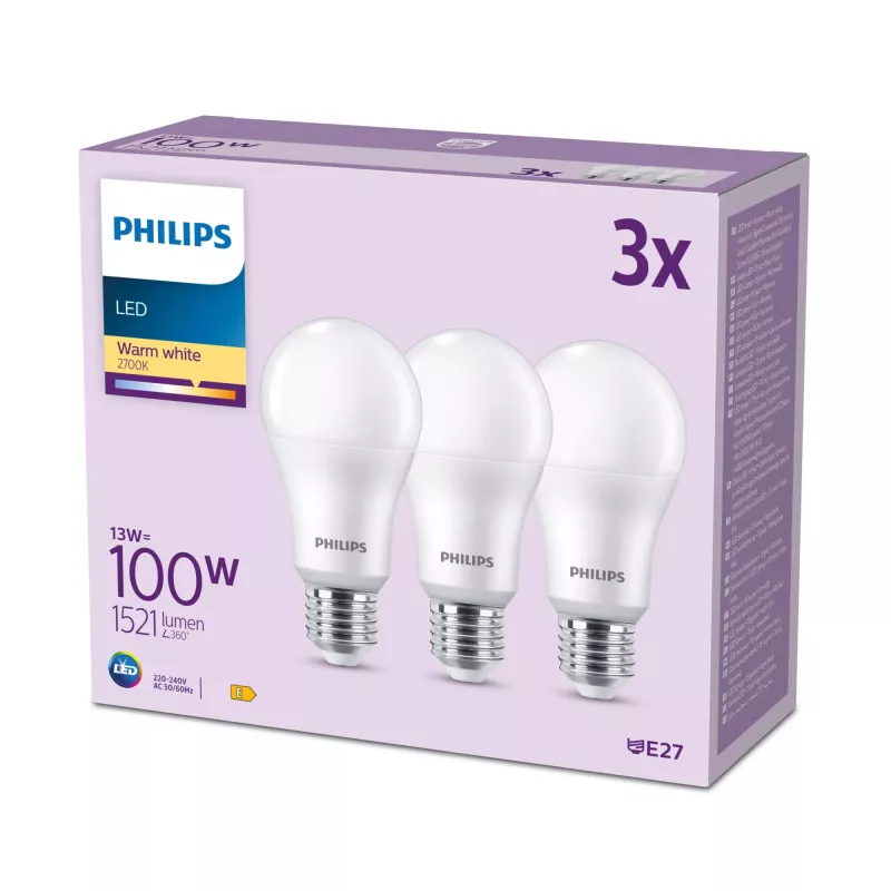 Philips lamppu 100W A65 E27 x3, 13 W, 100 W, E27, 1521 lm, 15 000 h, lämmin valkoinen