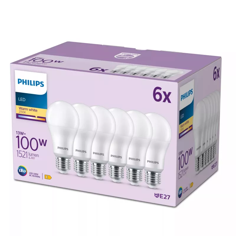 Philips lamppu 100W A65 E27 x6, 13 W, 100 W, E27, 1521 lm, 15 000 h, lämmin valkoinen