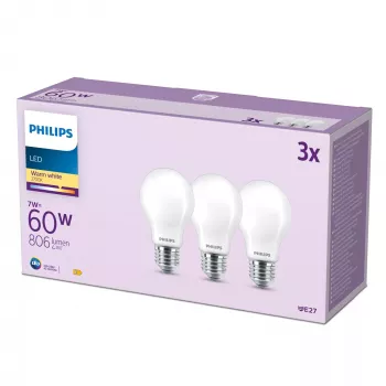 Philips Filament lamppu himmeä 60W A60 E27 3 kpl:n pakkaus, 7 W, 60 W, E27, 806 lm, 15 000 h, lämmin valkoinen
