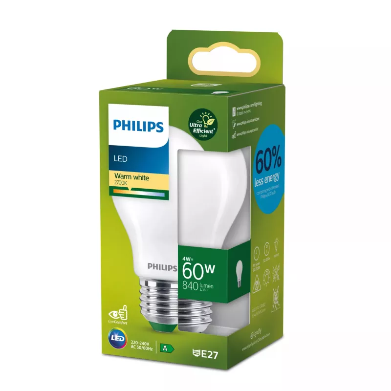 Philips Filament Bulb himmeä 60W A60 E27, 4 W, 60 W, E27, 840 lm, 50 000 h, lämmin valkoinen