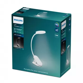 Philips Functional Forys klipsipöytävalaisin, valkoinen, muovi, makuuhuone, olohuone, toimisto, nykyaikainen, IP20, III