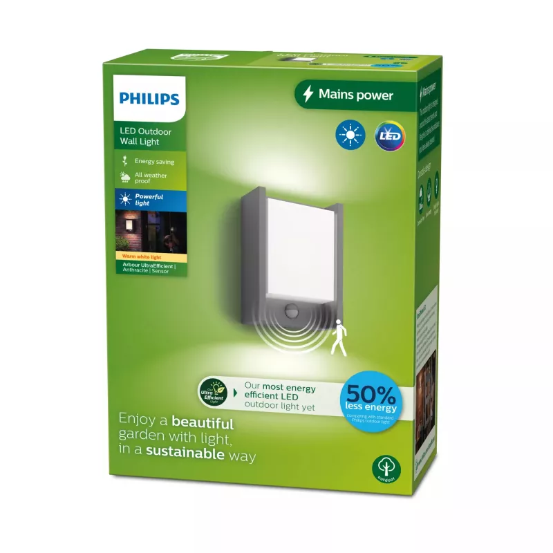 Philips Arbour seinävalaisin 3,8W, ulkoseinävalaisin, antrasiitti, metalli, IP44, terassi, puutarha, II
