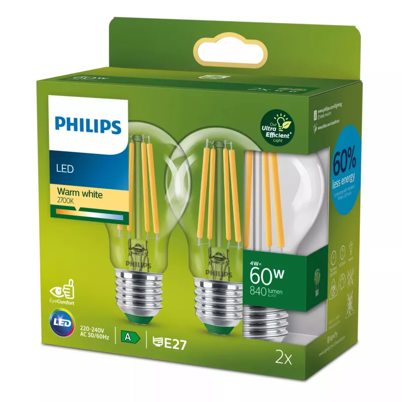 Philips Filament Bulb kirkas 60W A60 E27 x2, 4 W, 60 W, E27, 840 lm, 50 000 h, lämmin valkoinen