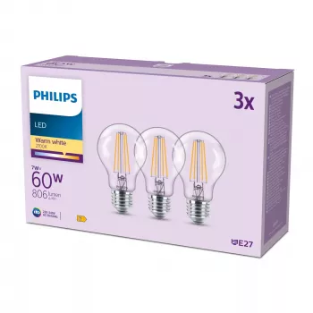 Philips filamenttilamppu kirkas 60 W A60 E27 x3, 7 W, 60 W, E27, 806 lm, 15 000 h, lämmin valkoinen