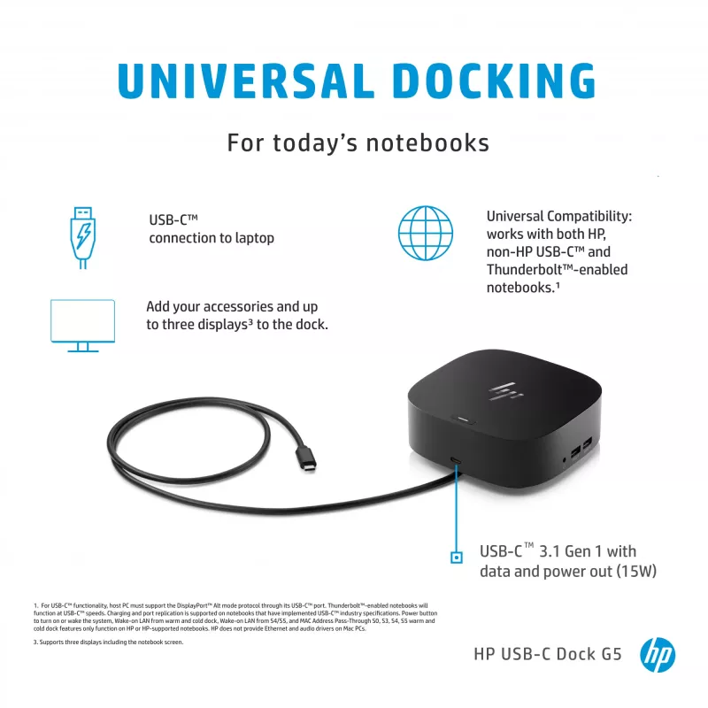 HP USB-C Dock G5 johdollinen USB 3.2 Gen 1 Type-C musta 100W