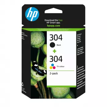 HP 304 2 kpl:n pakkaus musta/kolmivärinen alkuperäiset mustepatruunat, musta, syaani, magenta, keltainen, pigmenttimuste, 2 kpl, 120 sivua, 100 sivua