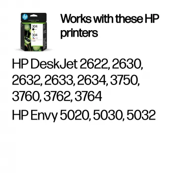 HP 304 2 kpl:n pakkaus musta/kolmivärinen alkuperäiset mustepatruunat, musta, syaani, magenta, keltainen, pigmenttimuste, 2 kpl, 120 sivua, 100 sivua