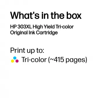 HP 303XL High Yield kolmivärinen alkuperäinen värikasetti, syaani, magenta, keltainen, 1 kpl, 415 sivua