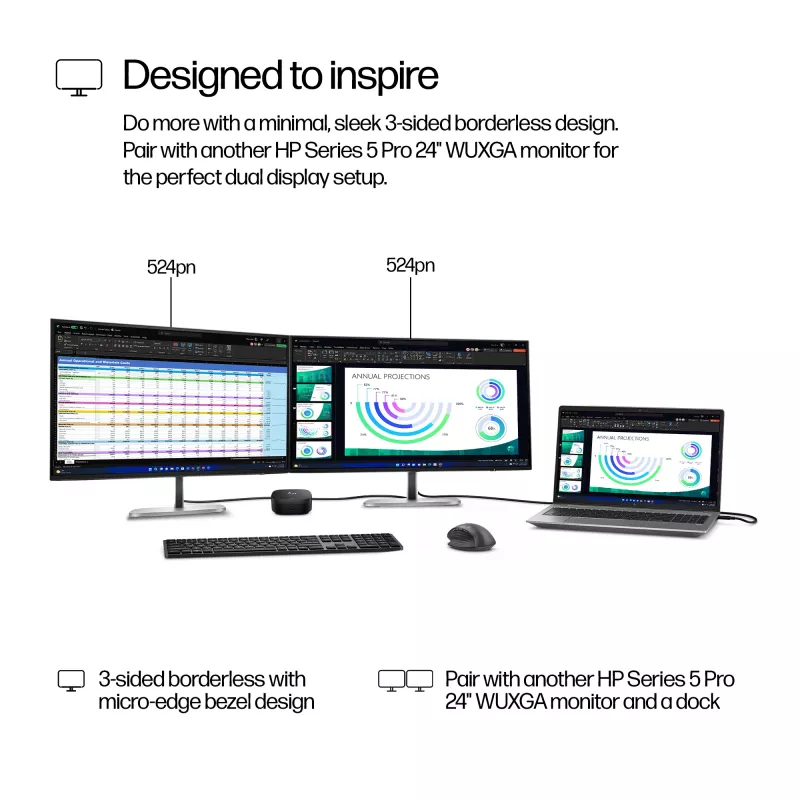 HP Series 5 Pro 24 tuuman WUXGA näyttö - 524pn, 61 cm (24 tuumaa), WUXGA, LCD, 5 ms, musta (kunnostettu)