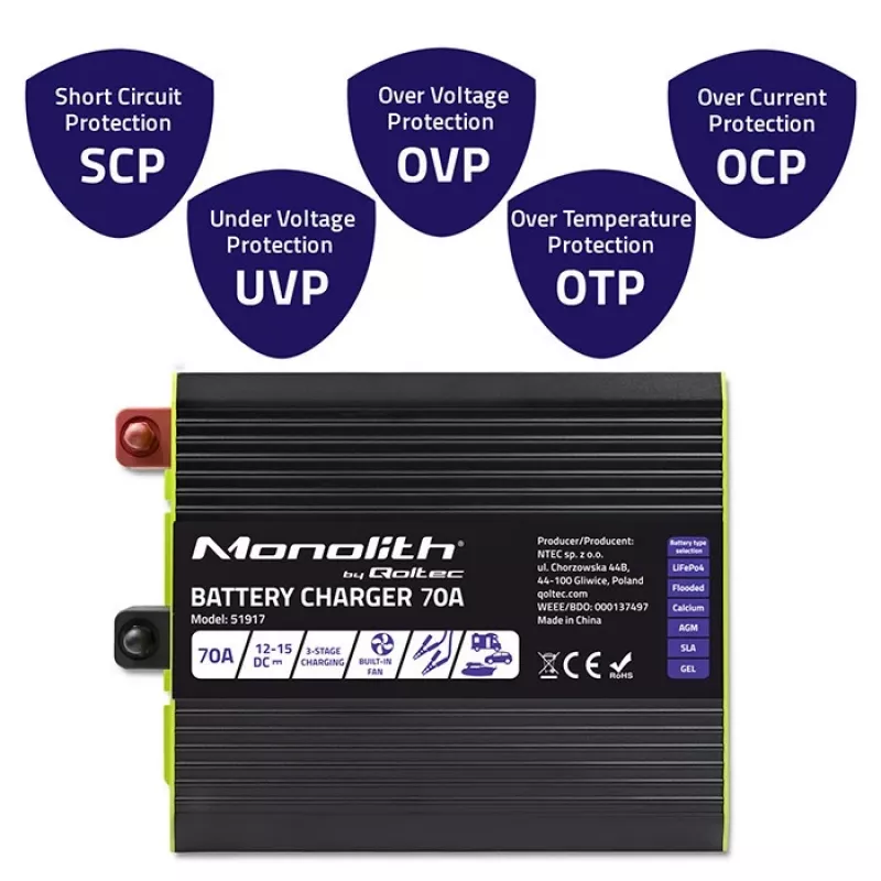 Akkulaturi QOLTEC 51917 LiFePO4/AGM/GEL/SLA-akuille, 70 A lähtö