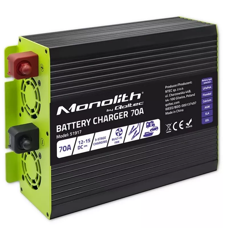 Akkulaturi QOLTEC 51917 LiFePO4/AGM/GEL/SLA-akuille, 70 A lähtö