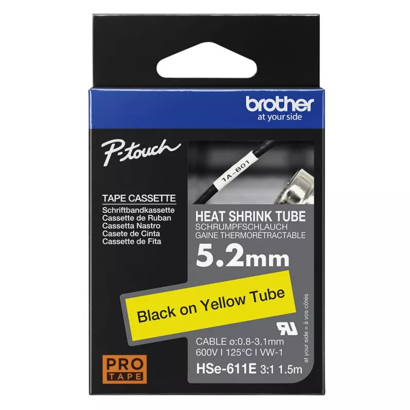 Brother HSe-611E kutistesukka, 5,2 mm x 1,5 m, musta keltaisella