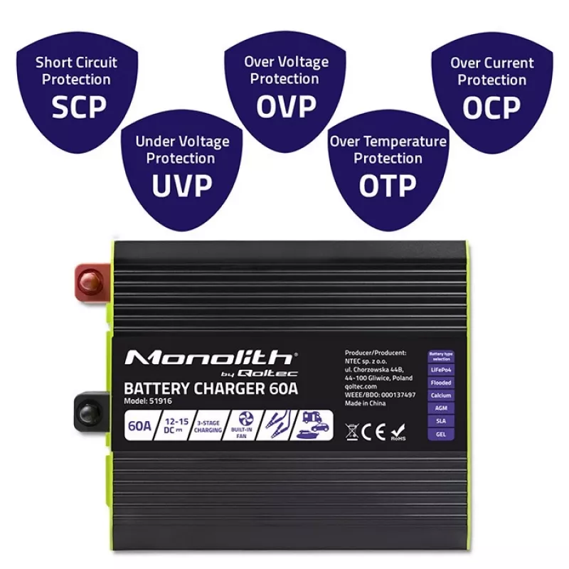Akkulaturi QOLTEC 51916 60A 12V LiFePO4-, AGM-, GEL-, SLA-akuille