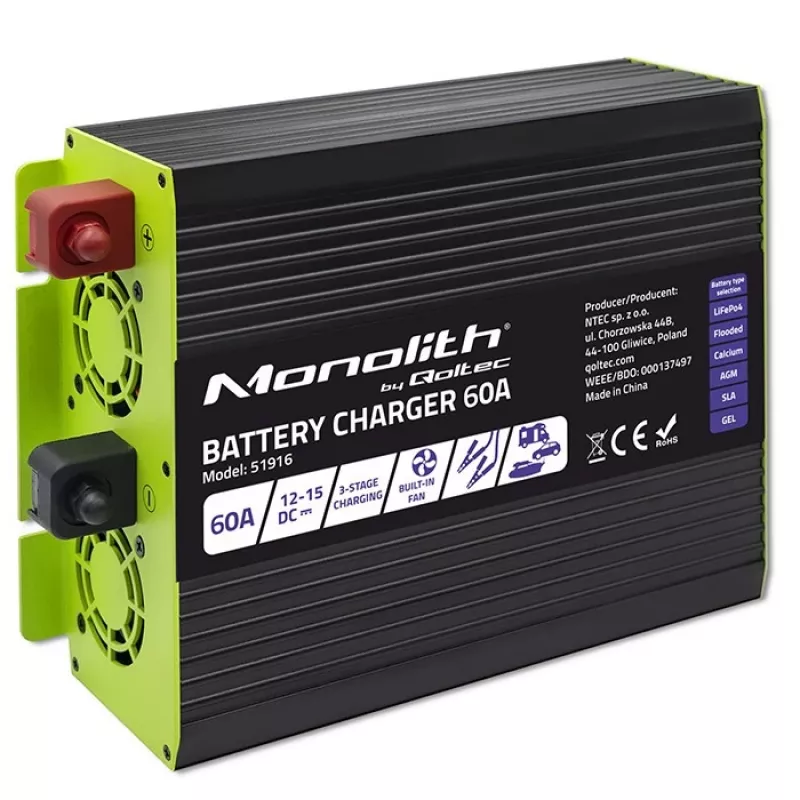 Akkulaturi QOLTEC 51916 60A 12V LiFePO4-, AGM-, GEL-, SLA-akuille