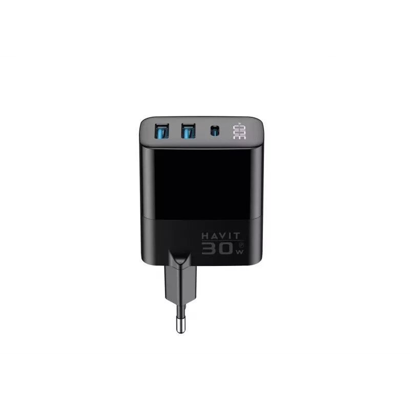HAVIT UCLE001 EU GaN kolmiporttinen 30 W musta — kompakti USB-laturi, jossa 3 liitäntää