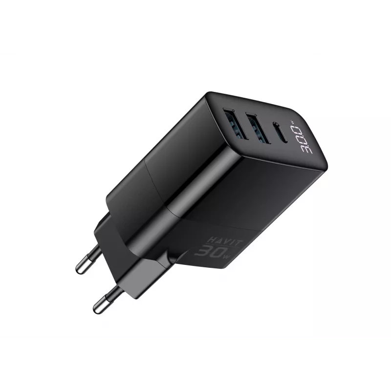HAVIT UCLE001 EU GaN kolmiporttinen 30 W musta — kompakti USB-laturi, jossa 3 liitäntää
