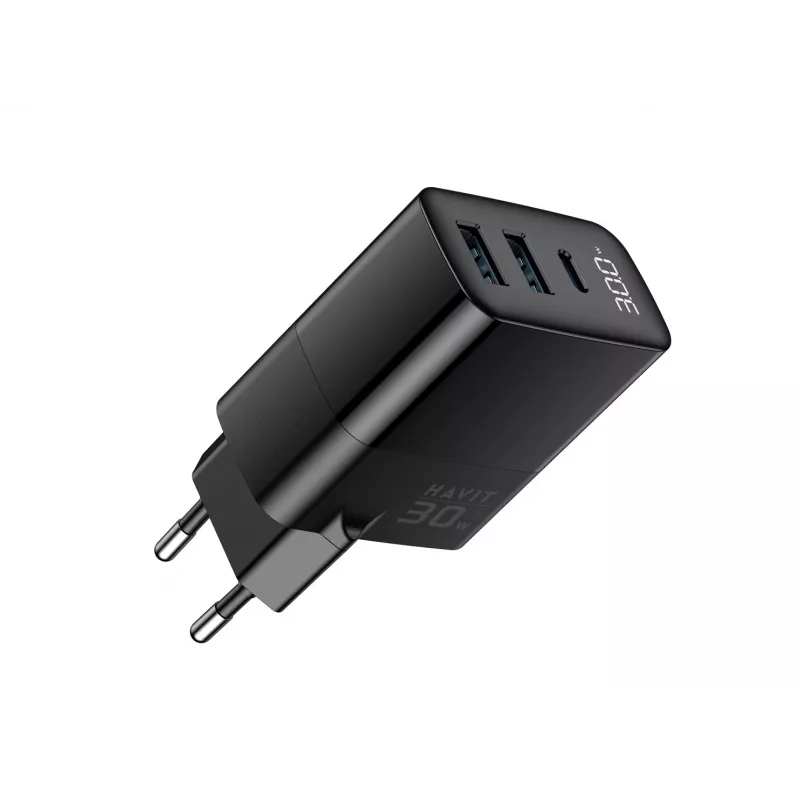 HAVIT UCLE001 EU GaN kolmiporttinen 30 W musta — kompakti USB-laturi, jossa 3 liitäntää