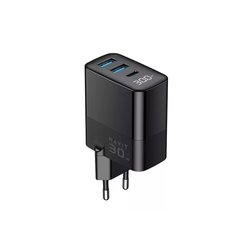 HAVIT UCLE001 EU GaN kolmiporttinen 30 W musta — kompakti USB-laturi, jossa 3 liitäntää