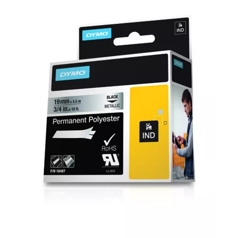 DYMO 19 mm RHINO Permanent Polyester - musta harmaalla - polyesteri - D1 - Belgia - laatikko (S0718200)