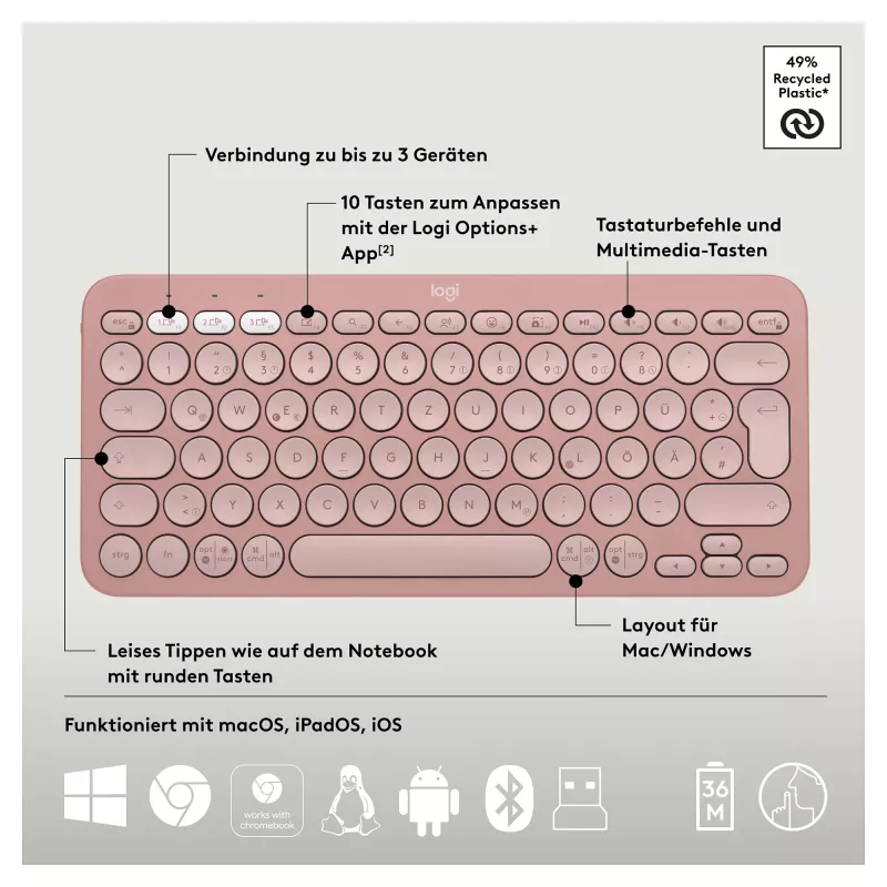 Logitech Pebble 2 Combo näppäimistö ja hiiri sisältää Universal RF Wireless + Bluetooth QWERTZ saksa roosa (920-012205)