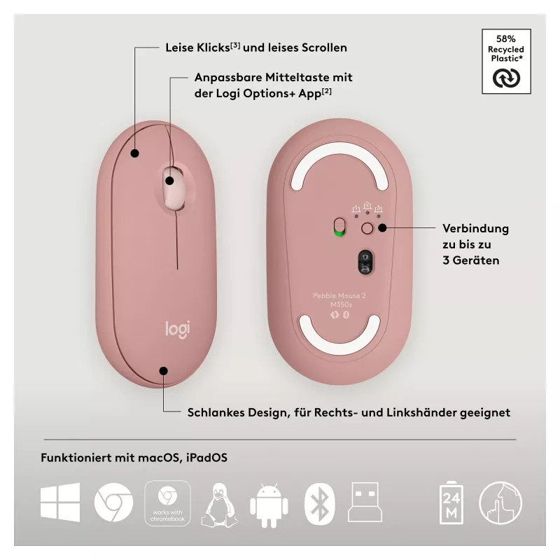 Logitech Pebble 2 Combo näppäimistö ja hiiri sisältää Universal RF Wireless + Bluetooth QWERTZ saksa roosa (920-012205)