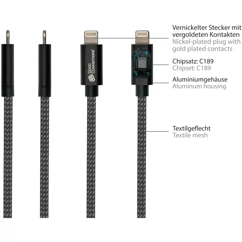 Good Connections USB 2.0 -lataus- ja datakaapeli iPhone/iPad/iPod USB-A-pistoke Lightning-liitäntään - korkealaatuisesti valmistettu ja virallisesti Applen hyväksymä