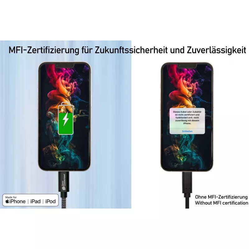 Good Connections USB 2.0 -lataus- ja datakaapeli iPhone/iPad/iPod USB-A-pistoke Lightning-liitäntään - korkealaatuisesti valmistettu ja virallisesti Applen hyväksymä