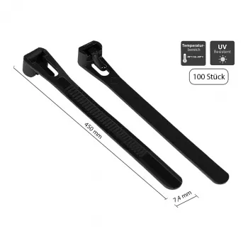Uudelleenkäytettävä kaapeliniide 450 mm x 7,4 mm, musta, UV-kestävä, -40 °C – +85 °C, 100 kpl (KAB-R45S74)