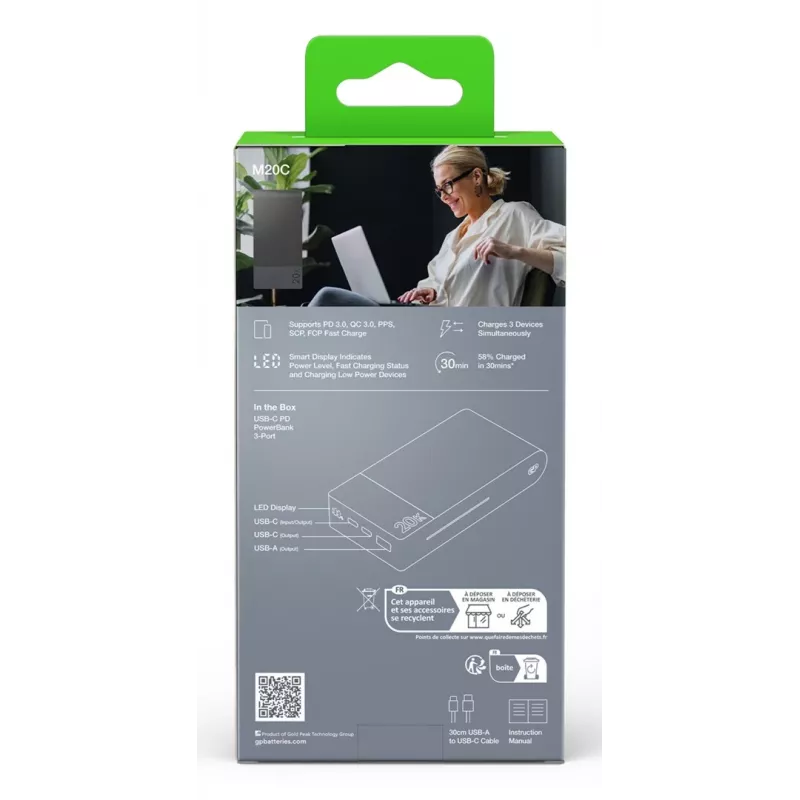 GP Battery GP PowerBank M2+ 20C 20000mAh 2xUSB-C/1xUSB-A musta LED-näyttö (GPPBM20CGYMSR287)