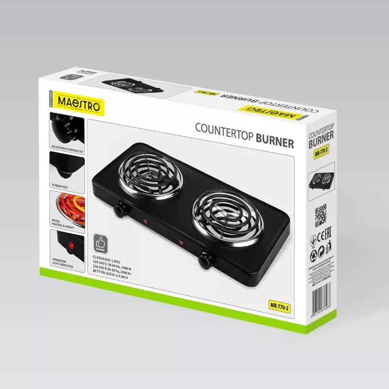 Sähköinen kaksilevyinen keittotaso Maestro MR-770-2, 2000 W, kompakti pöytälevy