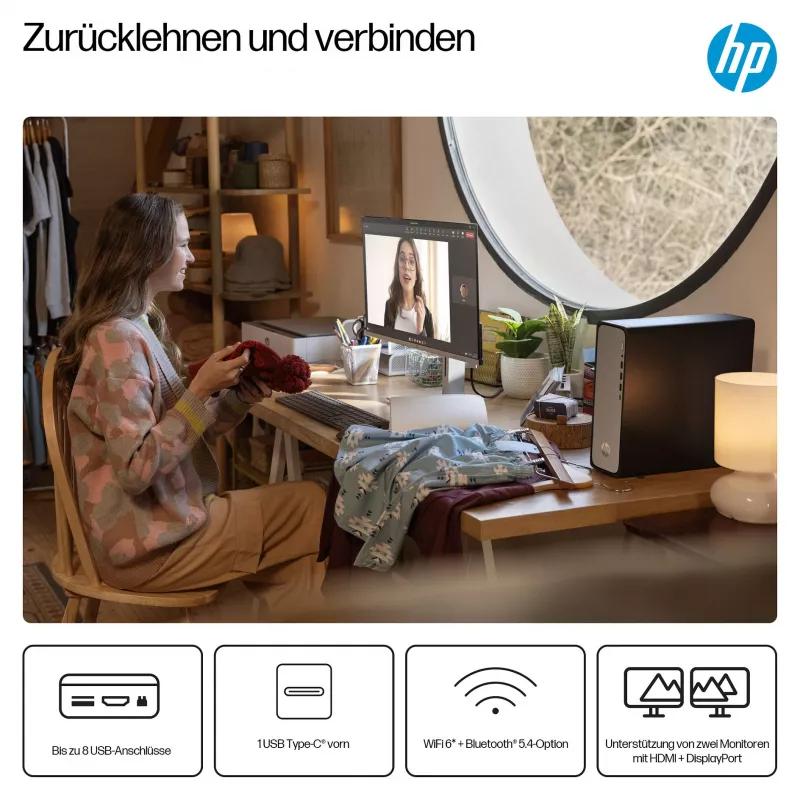 HP OmniDesk S03-0032ng ohut pöytätietokone, Intel Core i3-14100, 8 GB DDR5, 512 GB SSD, Windows 11 Home, musta/hopea