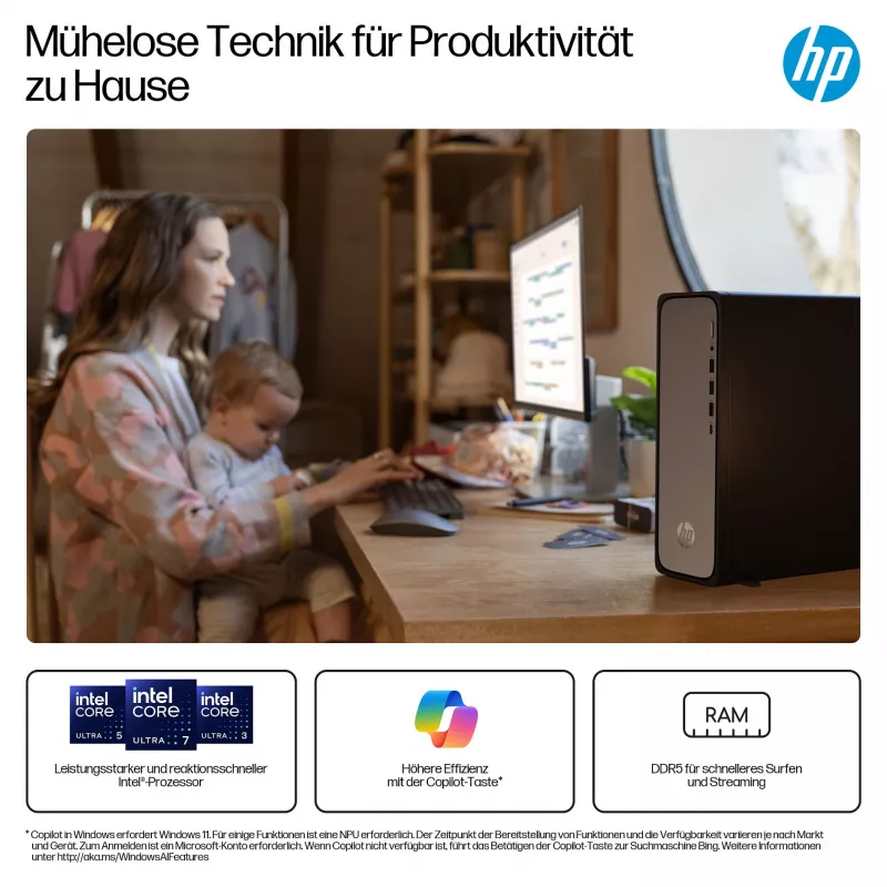 HP OmniDesk S03-0032ng ohut pöytätietokone, Intel Core i3-14100, 8 GB DDR5, 512 GB SSD, Windows 11 Home, musta/hopea