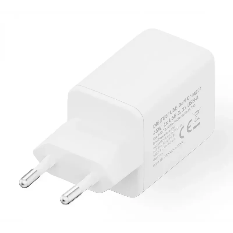 Seinäntalaturi DIGITUS USB GaN 45W — 1× USB-C, 1× USB-A, tulo 100–240V, valkoinen
