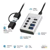 USB-keskitin USB 3.2 Gen 1, 4 porttia, USB-A/C, virtakytkin