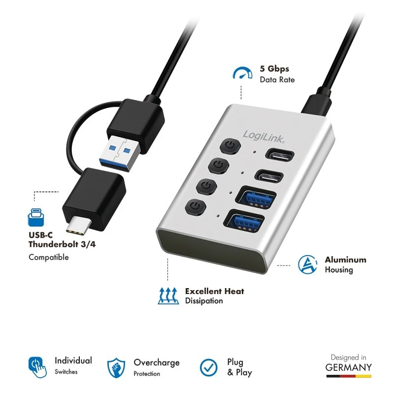 USB-keskitin USB 3.2 Gen 1, 4 porttia, USB-A/C, virtakytkin
