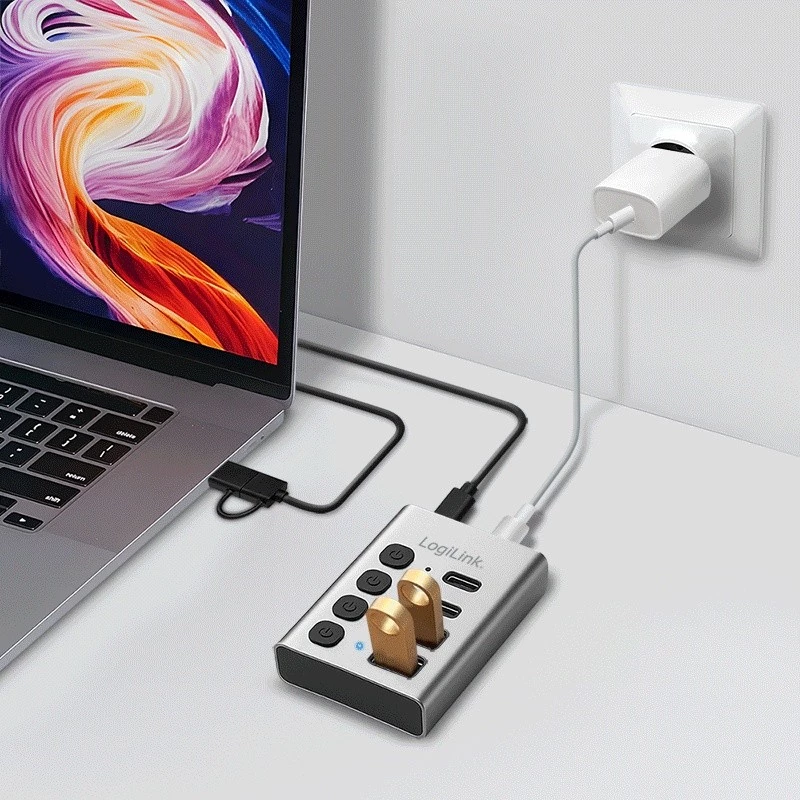 USB-keskitin USB 3.2 Gen 1, 4 porttia, USB-A/C, virtakytkin