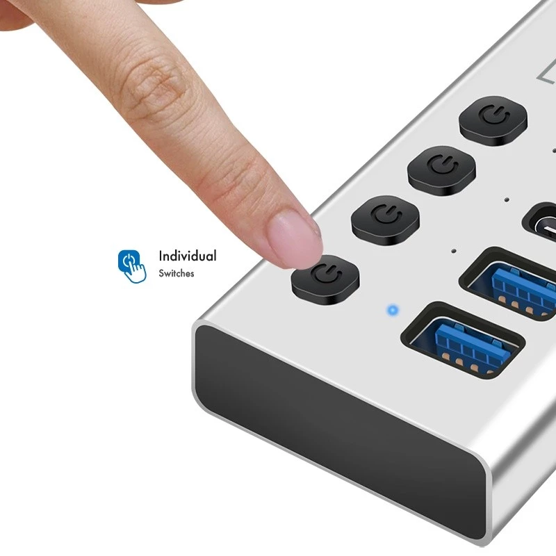 USB-keskitin USB 3.2 Gen 1, 4 porttia, USB-A/C, virtakytkin