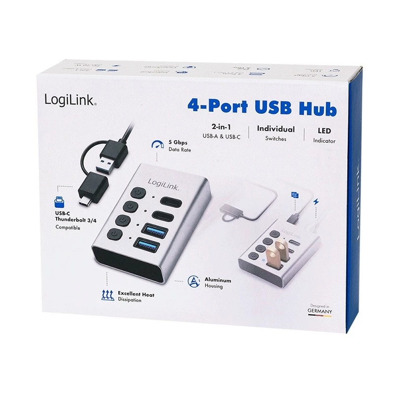 USB-keskitin USB 3.2 Gen 1, 4 porttia, USB-A/C, virtakytkin