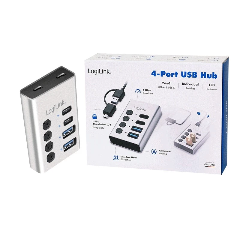 USB-keskitin USB 3.2 Gen 1, 4 porttia, USB-A/C, virtakytkin