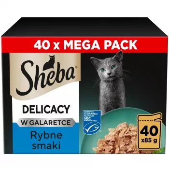 Märkäruoka kissoille Sheba Delicacy kalunmaku hyytelössä, 40×85 g tölkki, aikuiset kissat, 11 % proteiinia, 78 % kosteutta