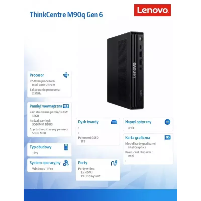 Pöytätietokone Lenovo ThinkCentre M90q Tiny G6 – Intel Core Ultra 9 285, 2×16GB RAM, 1TB SSD, Windows 11 Pro, musta
