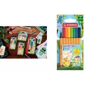 Fineliner-kynät Stabilo point 88 Mini Animal Vibes sarja, 8 väriä, 0,4 mm metallivahvisteinen kärki, tuuletettu korkki