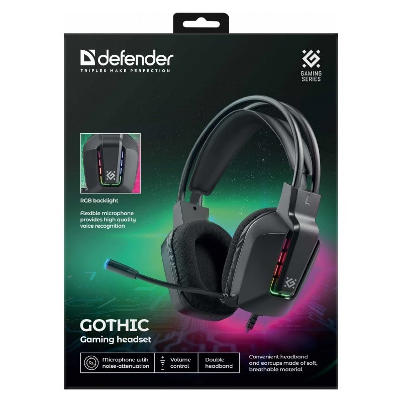 Johdollinen USB-pelikuulokkeet DEFENDER GOTHIC RGB mikrofonilla, musta