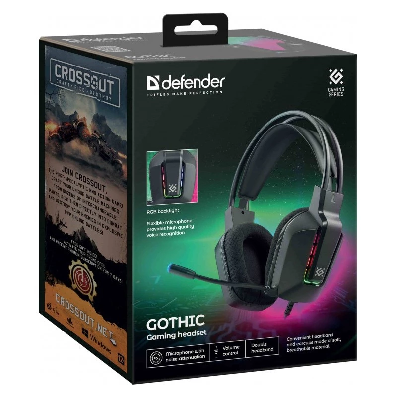Johdollinen USB-pelikuulokkeet DEFENDER GOTHIC RGB mikrofonilla, musta