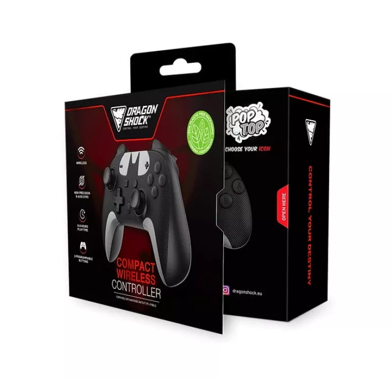 DragonShock PopTop Compact, peliohjain, Nintendo Switch, takapainike, D-Pad, Home-painike, Reset-painike, langaton, Bluetooth, USB Type-C